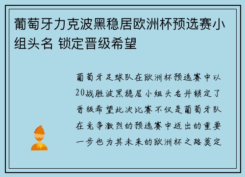 葡萄牙力克波黑稳居欧洲杯预选赛小组头名 锁定晋级希望