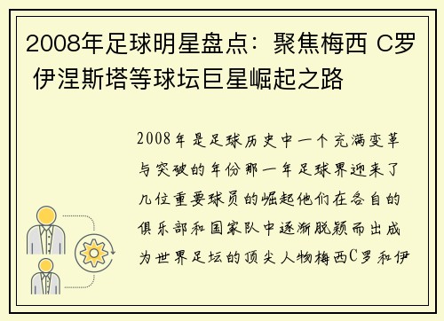 2008年足球明星盘点：聚焦梅西 C罗 伊涅斯塔等球坛巨星崛起之路